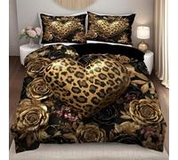 Juego de Funda Nórdica 220X240 con Estampado de Leopardo Amarillo Vintage y Corazón - Animales Salvajes de Safari Africano,Piel de Guepardo,Estampado de Rosa Dorada,Juego de Cama para Niños,Adoles