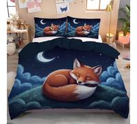 Juego de Funda Nórdica 240x220cm, 3 Piezas Zorrito Durmiente Funda de edredón Cielo Nocturno Dibujos Animados Microfibra Suave Juego de Cama Reversible con 2 Fundas de Almohada, Azul Oscuro