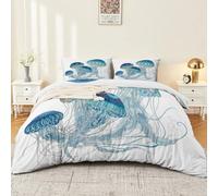 Juego de Funda Nórdica 260 x 240 cm Azul Acuarela Fantasía Medusa Ropa de Cama con 2 Fundas de Almohada 50x75 cm Microfibra Transpirable Cremallera y Lazos