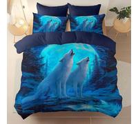 Juego de Funda Nórdica 3 Piezas 150 x 220 cm, Fantasía Bosque Lobo Luna impresión, Azul Oscuro Microfibra Reversible Funda nórdica con Cremallera Invisible, Suave Elegante Regalo Ideal para el Hogar