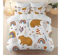 Juego de Funda Nórdica 3 Piezas 220 x 240 cm, Dibujos Animados Lindo Carpincho Arcoíris impresión, Blanco Microfibra Reversible Funda nórdica con Cremallera Invisible, Regalo Ideal para el Hogar