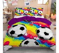Juego de Funda Nórdica 3 Piezas Cama 180 - Funda Edredón Partido De Fútbol Juego de Ropa de Cama Reversible Fútbol De Grafiti Suave y Transpirable con 2 Fundas de Almohada 50x75cm, Amarillo Púrpura