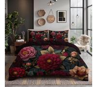 Juego De Funda Nórdica 3 Piezas para Cama - Funda Edredón 200X200Cm, 2 Fundas De Almohadas 50X75 Cm - Microfibra Suave Y Transpirable - Burdeos Flor Lujo Oscura Peonía Olivo Hojas Verdorado