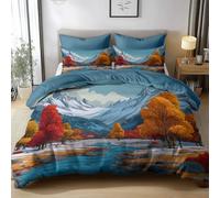 Juego de Funda Nórdica 3D Dibujos Animados Paisaje Montañas Arroyo Juego de Cama de Microfibra Suave, Estampado Digital Moderno, Cierre con Cremallera y 2 Fundas de Almohada - Azul, 180 x 220 cm