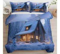 Juego de Funda Nórdica 3D Invierno Cabaña Muñeco De Nieve Juego de Cama de Microfibra Suave, Estampado Digital Moderno, Cierre con Cremallera y 2 Fundas de Almohada - Azul, 220 x 220 cm