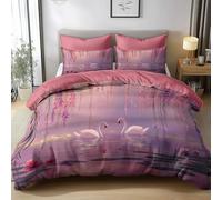 Juego de Funda Nórdica 3D Onírico Estanque Cisne Juego de Cama de Microfibra Suave, Estampado Digital Moderno, Cierre con Cremallera y 2 Fundas de Almohada - Rosa, 135 x 200 cm