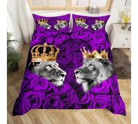 Juego de funda nórdica 3D para parejas de león tamaño L, corona dorada occidental tropical animal salvaje juego de funda nórdica para niños, rosa púrpura y flores románticas, funda suave para