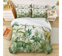 Juego de Funda nórdica Animales Dinosaurios Árboles Bosques, Funda Edredon de Cama de 200x200cm con 2 Fundas de Almohada, Verde Acuarela Naturaleza de Ropa de Cama de Microfibra Estampada