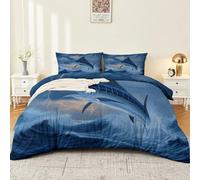 Juego de Funda nórdica Animales Marlín Azul Océano Relámpagos Olas,Funda Edredon de Cama de 180x220cm,con 2 Fundas de Almohada,Azul de Ropa de Cama de Microfibra Estampada,con Cremallera