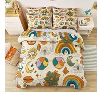 Juego de Funda nórdica Arcoíris Gafas De Sol Flores Retro, Funda Edredon de Cama de 180x220cm con 2 Fundas de Almohada, Beige Nostalgia de Ropa de Cama de Microfibra Estampada