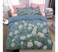 Juego de Funda nórdica Azul Claro Reversible 155x220 cm, Funda Nordica con Estampado Rosas Blancas Hojas Verdes, Ropa de Cama Suave Confortable Microfibra Plantas Estilo Pintura Al Óleo