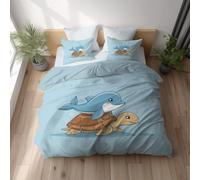 Juego de Funda Nórdica Azul, Delfín Tortuga Dibujos Animados, Ropa de Cama de Microfibra Suave con Fundas de Almohada, Funda Nórdica Reversible con Cierre de Cremallera 200 x 220 cm