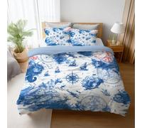 Juego de Funda Nórdica Azul, Mapa Velero Monstruo Marino, Ropa de Cama de Microfibra Suave con Fundas de Almohada, Funda Nórdica Reversible con Cierre de Cremallera 220 x 240 cm