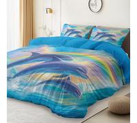Juego de Funda nórdica Azul, Tema Onírico Delfín Arcoíris, Suave y Transpirable de Microfibra con Cremallera, para Cama 135/150-220 x 240 cm + 50x75x2