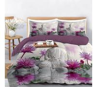 Juego de Funda Nórdica Blanco 3 Piezas, Microfibra Suave Transpirable Tranquilidad Zen Reversible Funda Edredón, Estatua De Buda Piedra Loto Estampada Fácil de cuidar Ropa de Cama 220x240 cm