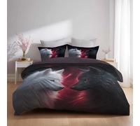 Juego de Funda Nórdica Blanco Negro, Dos Lobos Mirada Fija Luz Roja, Ropa de Cama de Microfibra Suave con Fundas de Almohada, Funda Nórdica Reversible con Cierre de Cremallera 240 x 260 cm