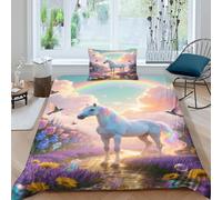 Juego De Funda Nórdica Caballo Blanco Juego De Cama con Diseño Tierra de Sueños En 3D Microfibra con Cremallera Y Funda De Almohada para Familiar Y Niños Single(135x200cm)