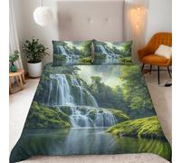 Juego de Funda Nórdica Caer 3 Piezas 200x200cm, Microfibra Extra Suave Transpirable, Cascada del Bosque Verde Juego de Ropa de Cama - 1 Funda Edredón y 2 Funda Almohada 50x75cm