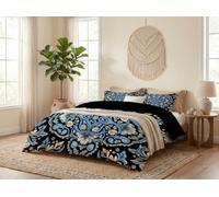 Juego De Funda Nórdica Cama 90 2 Piezas, Camarones Exóticos Florales Suave Microfibra Funda Nórdica Reversible 135X200Cm Y 1 Fundas De Almohada Con Cremallera, Barroco Retro Geométrico, Azul Marino