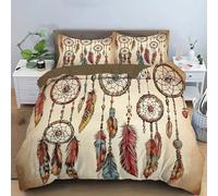 Juego De Funda Nordica Cama Marrón Rojizo Atrapasueños De Plumas Estampado 3D Fundas Edredón,Retro Bohemio Microfibra Suave Transpirable 260X220Cm