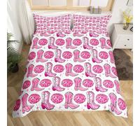 Juego de funda nórdica con botas de vaquera, tamaño M, tema de discoteca, bola ligera, funda de edredón reversible con 1 funda de almohada, diseño de estrellas rosadas brillantes, suroeste, blanco