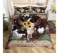 Juego de funda nórdica con diseño de cráneo de toro tamaño S, rústico, retro, piel de vaca, estampado de piel de vaca occidental, juego de fundas para niños, herradura, girasoles, granja, tabla de