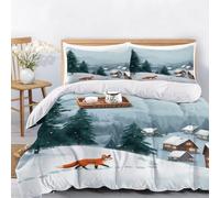 Juego de Funda Nórdica con Estampado Zorro Campo De Nieve Cabaña, Juego de Cama Dibujos Animados Paisaje Invernal Microfibra Suave y Transpirable, Blanco Reversible Funda Nórdica 135x200 cm