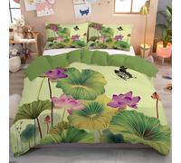 Juego de Funda Nórdica con Hoja De Loto Loto Mariposa - Funda Edredón 135x200cm y 1 Funda de Almohada 50x75 cm Fundas Nórdicas de Microfibra Suave con Estampado Botánico,Verde