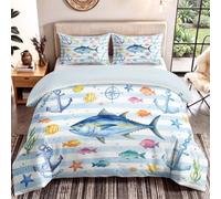 Juego de funda nórdica de acuarela tamaño doble, 3 piezas, un regalo festivo perfecto, con patrón de ancla de peces oceánicos, juego de cama reversible: funda de edredón (200 x 200 cm) y 2 fundas de