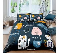 Juego de Funda Nórdica de Animales Lindo Gato Cat Azul Gris Beige Jardín Gatito Niña Juego de Cama Microfibra Niños Funda de edredón y Funda de Almohada (Color1, 180x210 cm,Cama 105 cm)