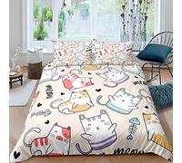 Juego de Funda Nórdica de Animales Lindo Gato Cat Azul Gris Beige Jardín Gatito Niña Juego de Cama Microfibra Niños Funda de edredón y Funda de Almohada (Color4, 220x240 cm,Cama 150 cm)
