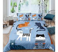 Sticker Superb. Juego de Funda Nórdica de Animales Lindo Gato Cat Azul Gris Beige Juego de Cama Microfibra Niños Funda de edredón y Funda de Almohada (Color3, 150x210 cm,Cama 90 cm)