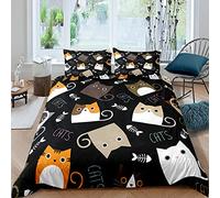 Juego de Funda Nórdica de Animales Lindo Gato Cat Azul Gris Beige Jardín Gatito Niña Juego de Cama Microfibra Niños Funda de edredón y Funda de Almohada (Color2, 220x240 cm,Cama 150 cm)