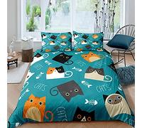 Juego de Funda Nórdica de Animales Lindo Gato Cat Azul Gris Beige Jardín Gatito Niña Juego de Cama Microfibra Niños Funda de edredón y Funda de Almohada (Color5, 150x210 cm,Cama 90 cm)
