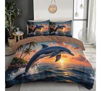 Juego de Funda Nórdica de Atardecer Palmeras Salto Delfines, Azul-Naranja 3 Piezas Juego de Cama, Microfibra Niños Funda de Edredón y Funda de Almohada (135x200cm Cama 80/90)
