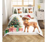 Juego de funda nórdica de ciervo de Navidad tamaño S, lindo animal de Navidad verde pino regalos reversible juego de ropa de cama decoración, Happy New Year Winter Holiday Poliéster Quilt Cover (sin