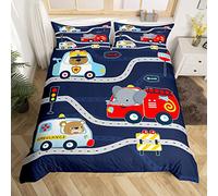 Juego de funda nórdica de dibujos animados de Cars, 155 x 220 cm, lindo conductor de animales salvajes Kawaii, camión de bomberos, ambulancia y coche de policía, funda nórdica con 1 funda de almohada