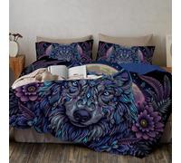 Juego de Funda Nórdica de Fantasía Animal Luna Llena Cabeza De Lobo, Color neón 3 Piezas Juego de Cama, Microfibra Niños Funda de Edredón y Funda de Almohada (150x220cm Cama 90)