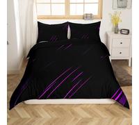 Juego de funda nórdica de líneas moradas tamaño L, diseño de rayas de neón y luz neón, funda de edredón reversible con 2 fundas de almohada, funda de microfibra negra moderna abstracta (no