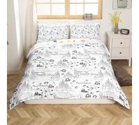 Juego de funda nórdica de Navidad con dibujo a mano negra, diseño de muñeco de nieve lindo y reversible, juego de fundas nórdicas (no incluye un edredón), invierno Navidad pino rústico granja cubierta