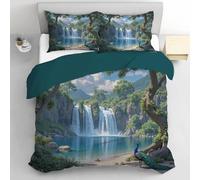 Juego De Funda Nórdica De Pavo Real Bosque Cascada 240x220cm, Juego De Ropa De Cama Paisaje De Dibujos Animados, Suave Y Transpirable Reversible Suaves Fundas Nórdica con 2 Fundas de Almohada