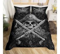Juego de funda nórdica de tamaño M, diseño de esqueleto pirata, funda de edredón reversible con 1 funda de almohada, hojas grises, planta negra, parodia negra, juego de ropa de cama transpirable (no