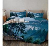 Juego de Funda Nórdica de Tema del Bosque 3 Piezas - Microfibra con Motivo de Pinos montañas Juego de Funda Edredon 200x200 cm y 2 Fundas de Almohada 65x65cm, Azul-Verde