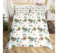 Juego de funda nórdica de terrestres de tierras altas tamaño L, caballo granja occidental animales salvajes juego de funda nórdica para niños, camión pino caza cabina impresión acuarela suave cubierta