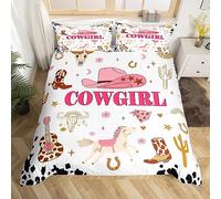 Juego de funda nórdica de vaquera occidental M, sombrero de vaquero, botas, toro, cráneo, caballo, edredón con 1 funda de almohada, estampado de vaca con leche, estrellas, estilo rosa, edredón