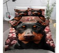 Juego de Funda Nórdica Doberman Pinscher Funda Nordica Cama 180 Flor De Melocotonero Ropa de Cama 260x240 cm + 2 Funda de Almohada 50x75 cm, 3D Estampado Microfibra