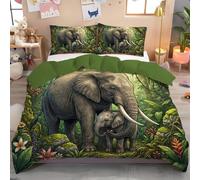 Juego de Funda Nordica Elefanta Dibujos Animados con Su Cría. Juego de Cama 135x200cm y 1 Funda de Almohada 50x75 cm Ultra Suave Nordicas Edredon Selva Tropical con Cremallera Oculta, Verde Esmeralda