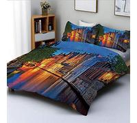 Juego de Funda nórdica, Foto de Noche de un Edificio histórico de la Edad Media a lo Largo del río en el Casco Antiguo de Brujas, Juego de Cama fotodecorativo con 2 Fundas de Almohada,