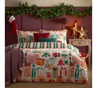 Juego de Funda nórdica Furn All Wrapped Up: Ropa de Cama navideña Reversible con Regalos y diseño de Rayas (Esmeralda/Rojo - Super King)