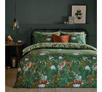 Juego de Funda nórdica furn. Into The Woods - Juego de Cama Reversible de Mezcla de algodón con Animales del Bosque (Verde Bosque - Super King)